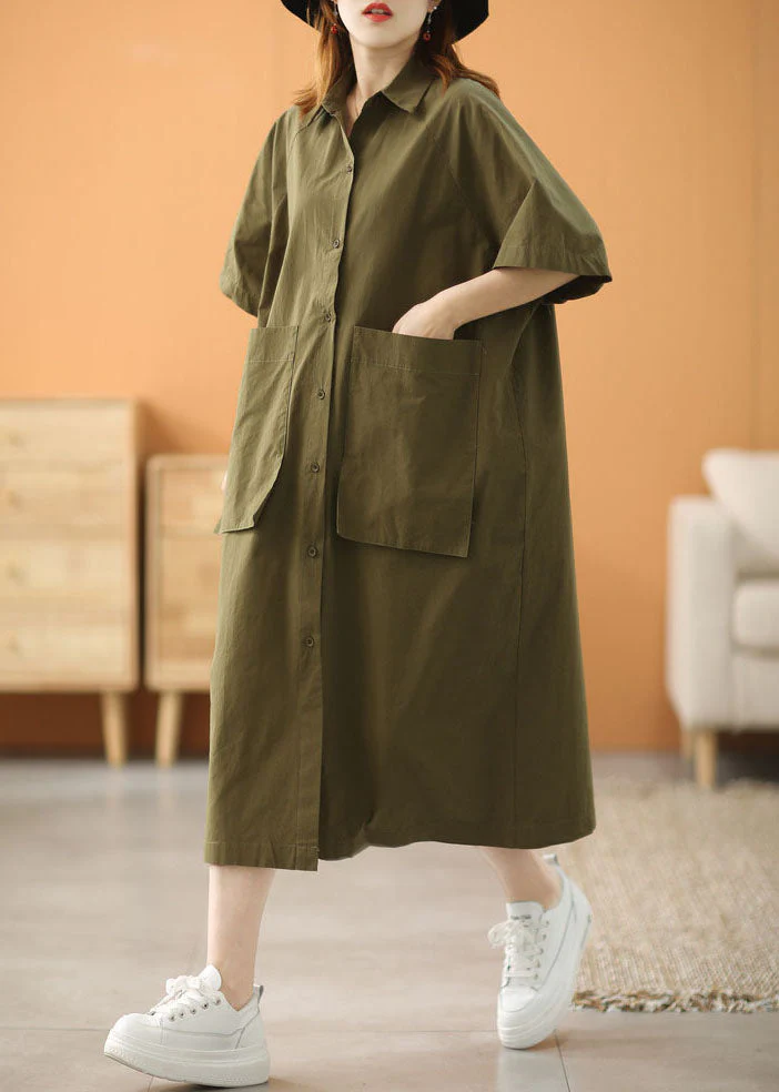 Modern Green Peter Pan Collar Oversized Big Pockets Cotton Loose Shirt Dress Short Sleeve - Image 5