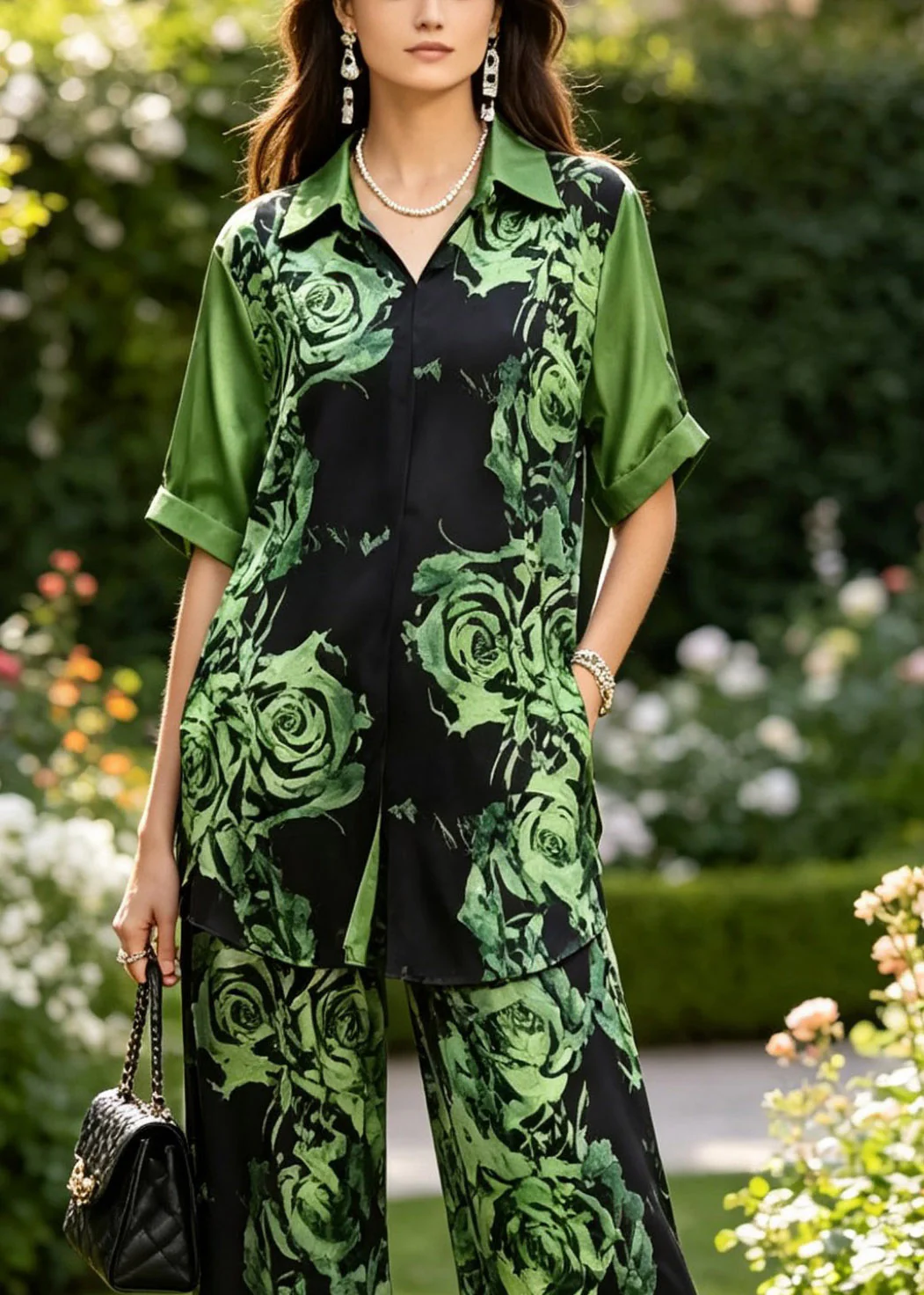 Modern Green Peter Pan Collar Print Silk Shirts And Wide Leg Pants Two Pieces Set Summer - Image 2