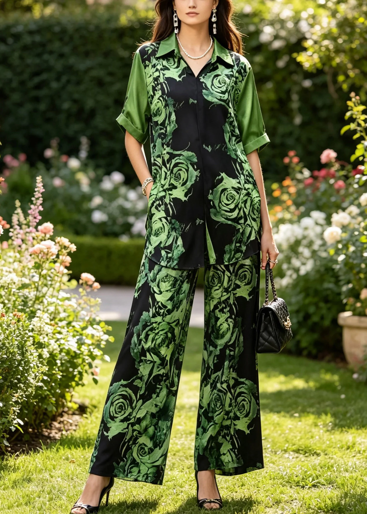 Modern Green Peter Pan Collar Print Silk Shirts And Wide Leg Pants Two Pieces Set Summer - Image 3