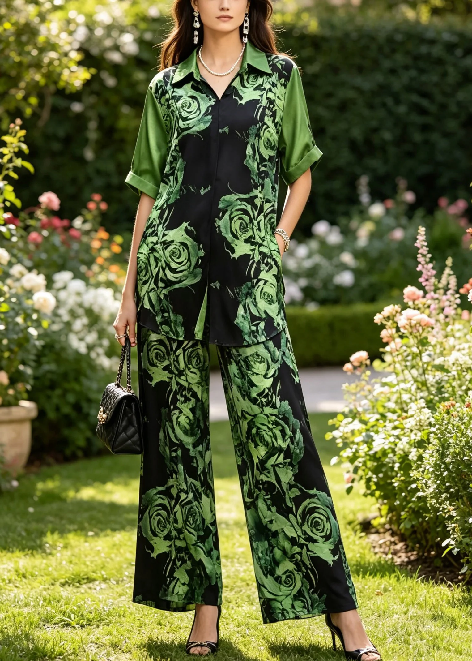 Modern Green Peter Pan Collar Print Silk Shirts And Wide Leg Pants Two Pieces Set Summer - Image 5