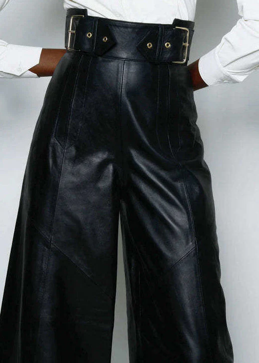 Modern Green Pockets High Waist Faux Leather Wide Leg Pants Spring - Image 4