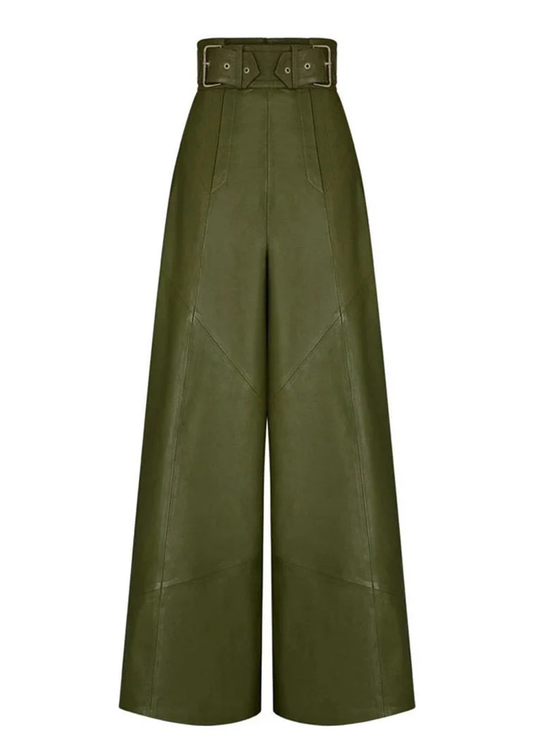 Modern Green Pockets High Waist Faux Leather Wide Leg Pants Spring - Image 5