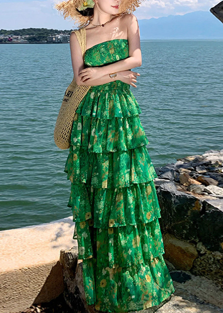 Modern Green Print Flattering Chiffon Long Holiday Dress Sleeveless - Image 2