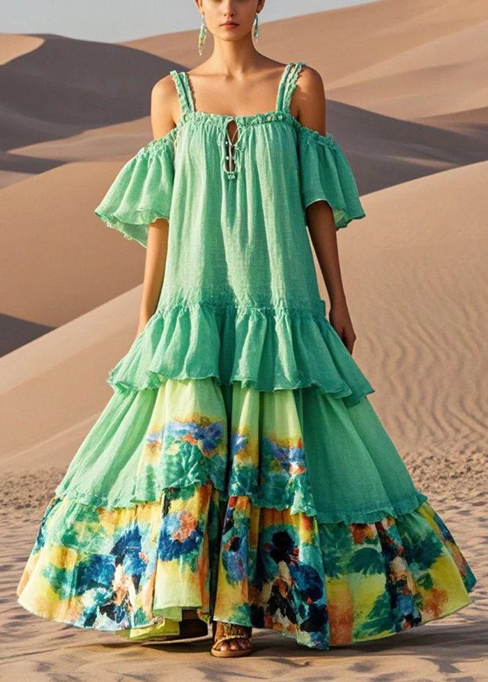 Modern Green Print Patchwork Cotton Sundress Summer - Image 3