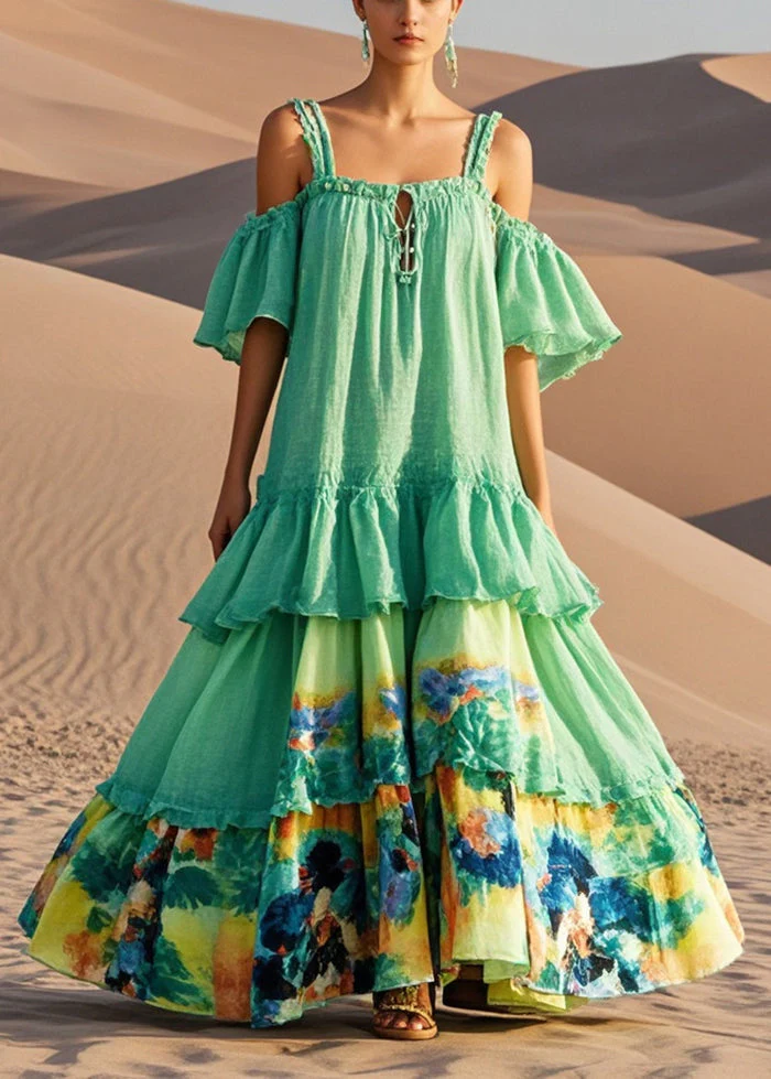 Modern Green Print Patchwork Cotton Sundress Summer - Image 5