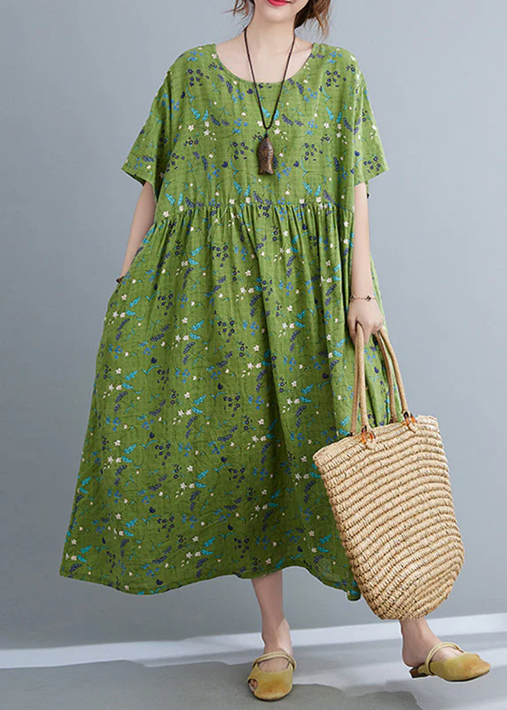 Modern Green Print Wrinkled Long Dresses Summer - Image 3