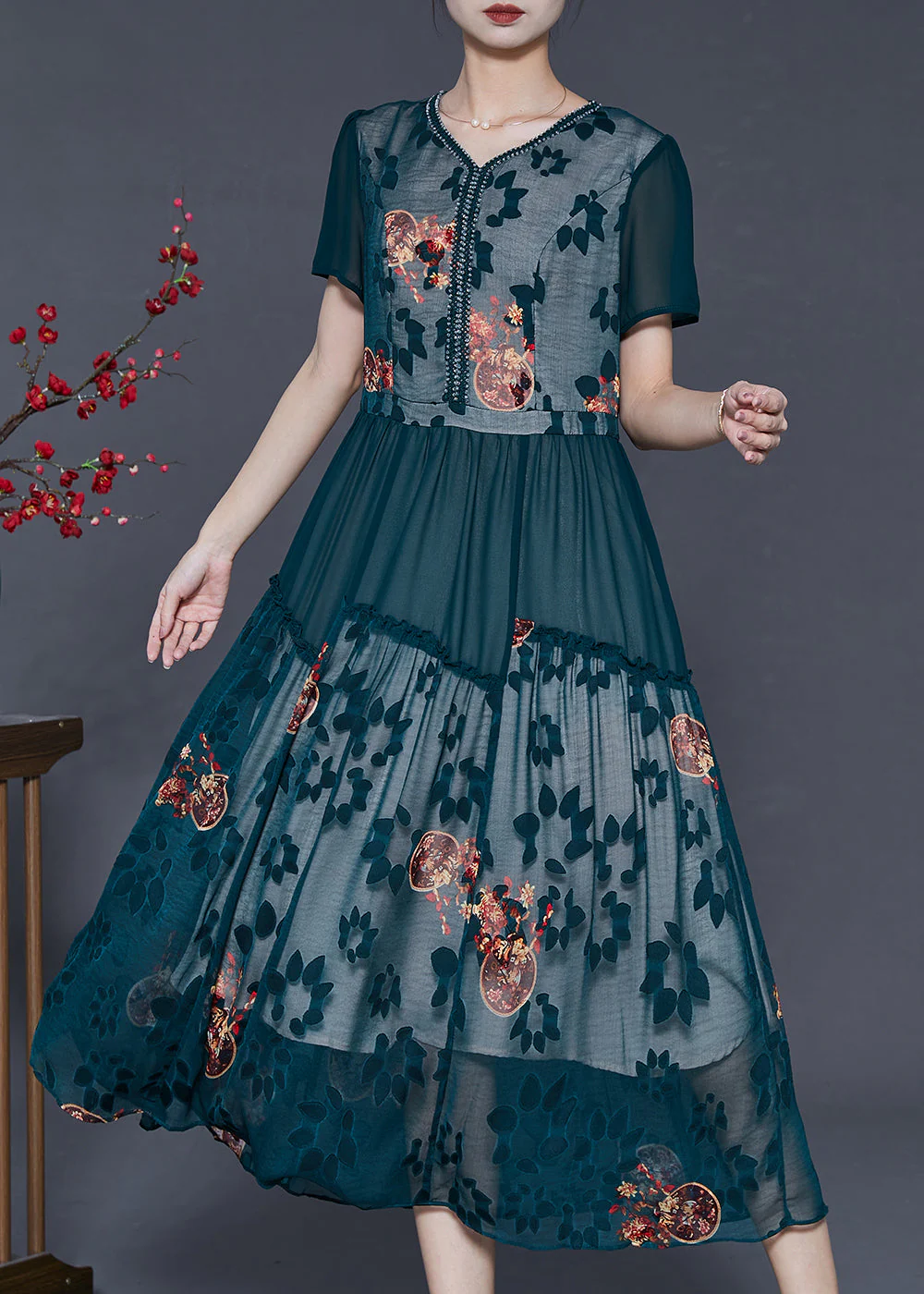 Modern Green Ruffled Patchwork Print Chiffon Dresses Summer - Image 2