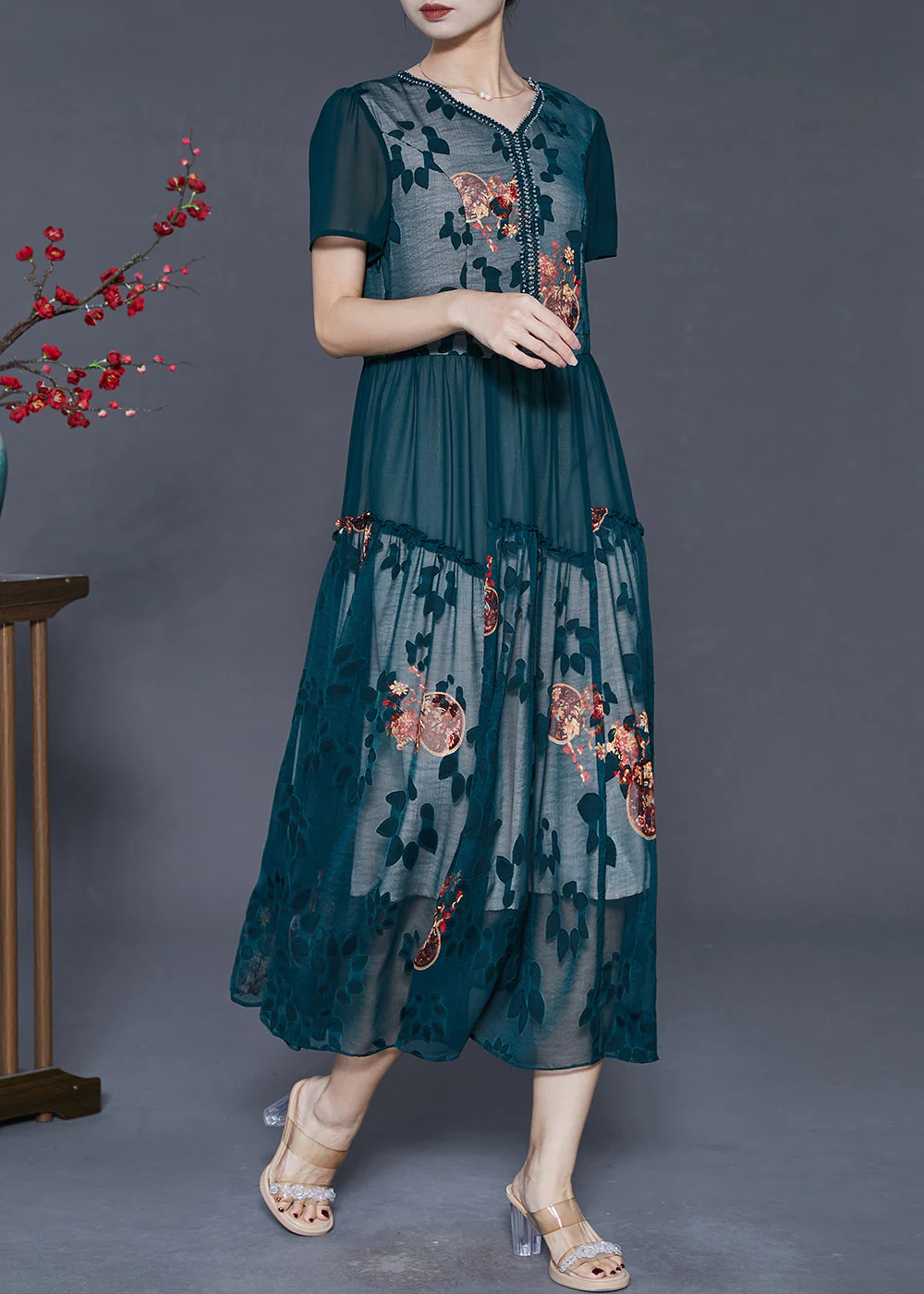 Modern Green Ruffled Patchwork Print Chiffon Dresses Summer - Image 3