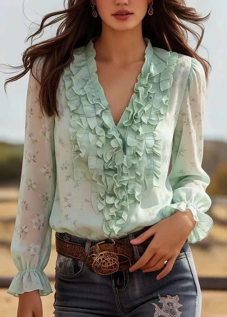 Modern Green Ruffled Print Chiffon Tops Spring - Image 5