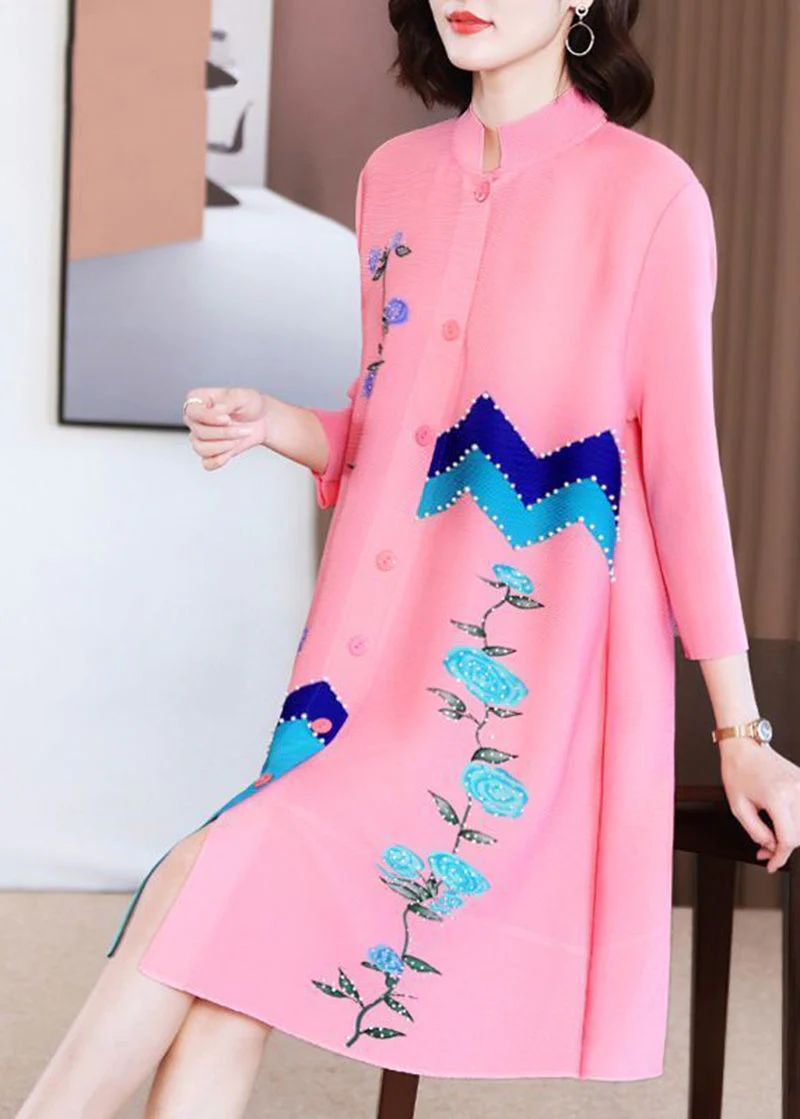 Modern Green Stand Collar Patchwork Nail Bead Dresses Bracelet Sleeve - Image 2