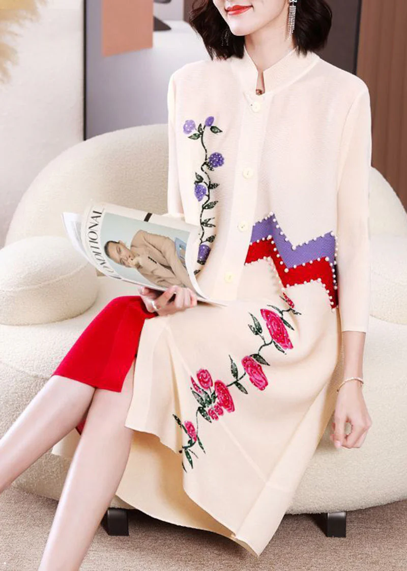 Modern Green Stand Collar Patchwork Nail Bead Dresses Bracelet Sleeve - Image 3