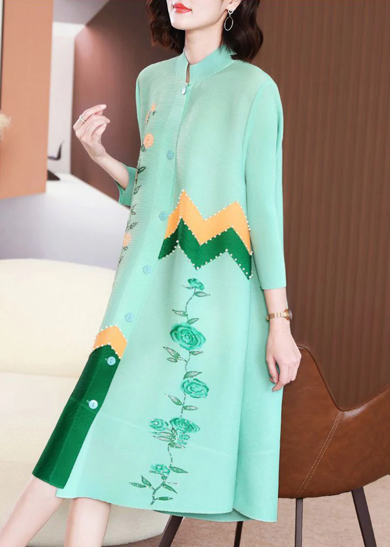 Modern Green Stand Collar Patchwork Nail Bead Dresses Bracelet Sleeve - Image 4