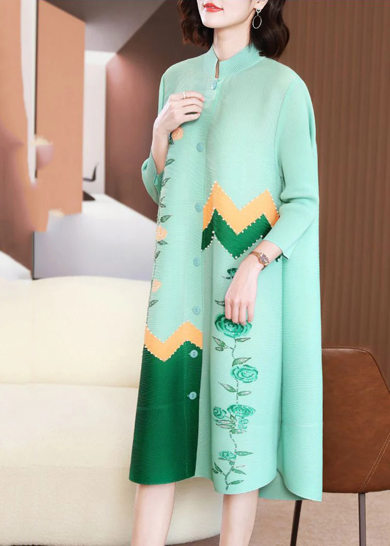 Modern Green Stand Collar Patchwork Nail Bead Dresses Bracelet Sleeve - Image 5