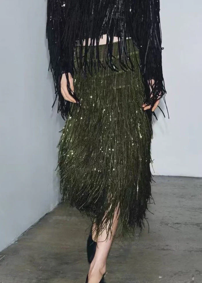 Modern Green Tassel Polyester Sequins Skirt Spring - Image 2