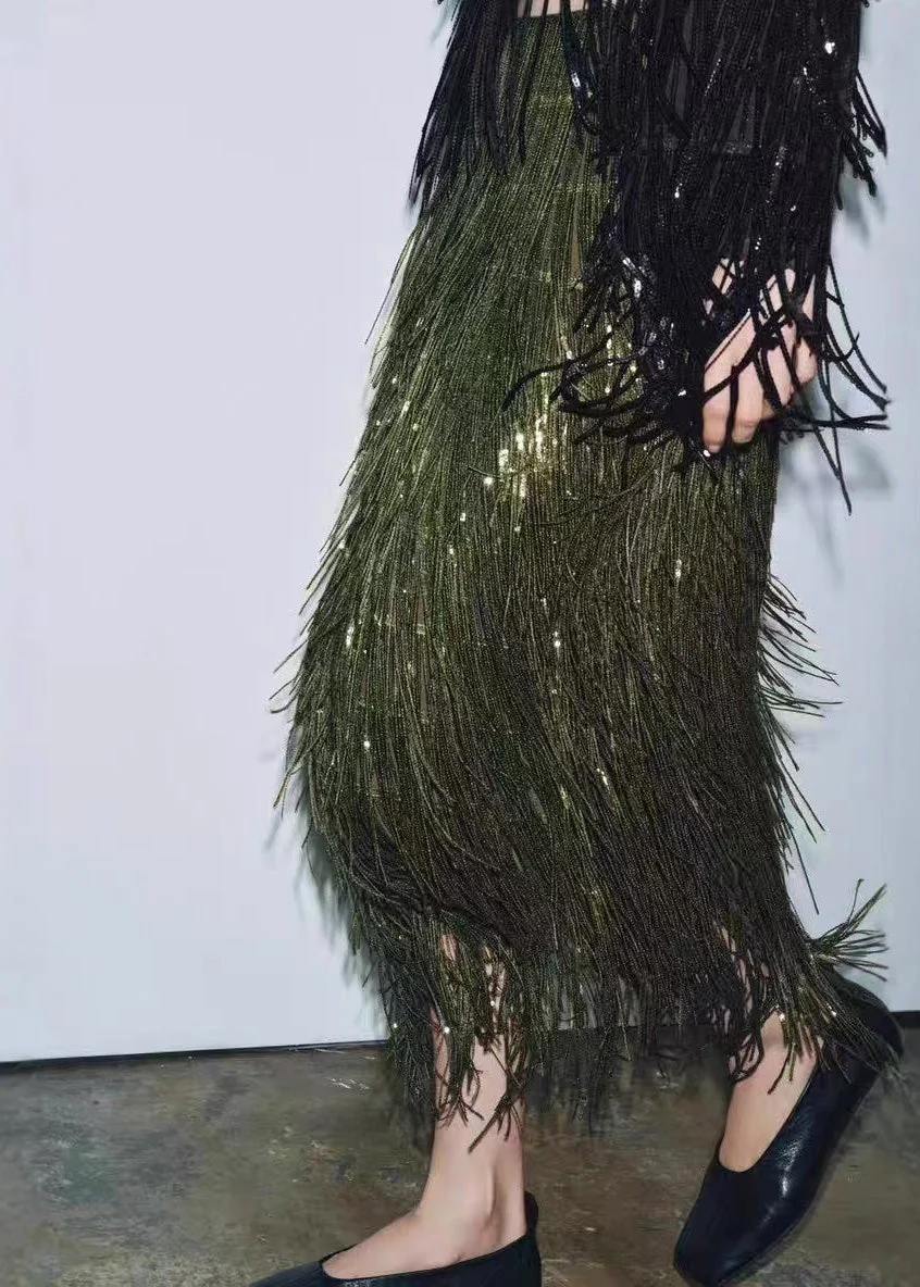 Modern Green Tassel Polyester Sequins Skirt Spring - Image 3