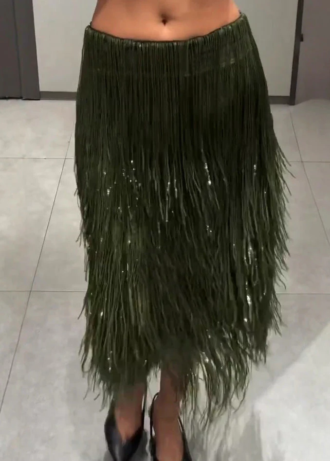 Modern Green Tassel Polyester Sequins Skirt Spring - Image 4