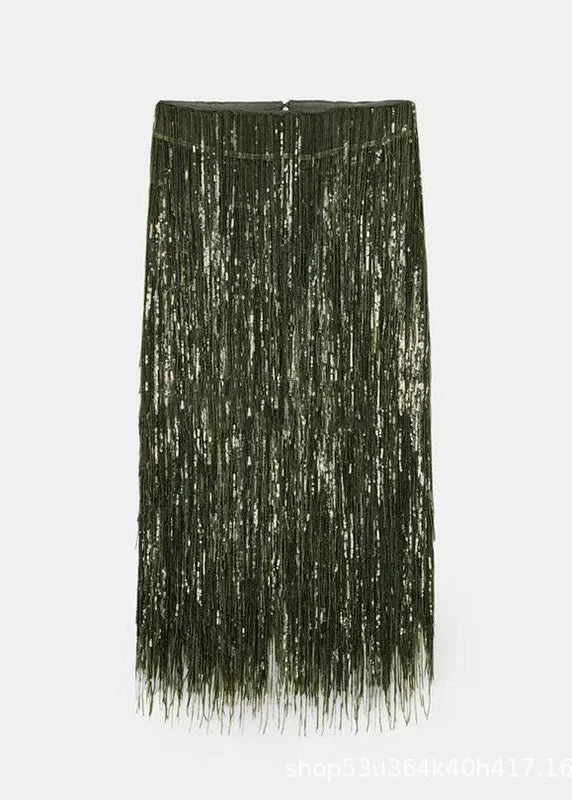 Modern Green Tassel Polyester Sequins Skirt Spring - Image 5