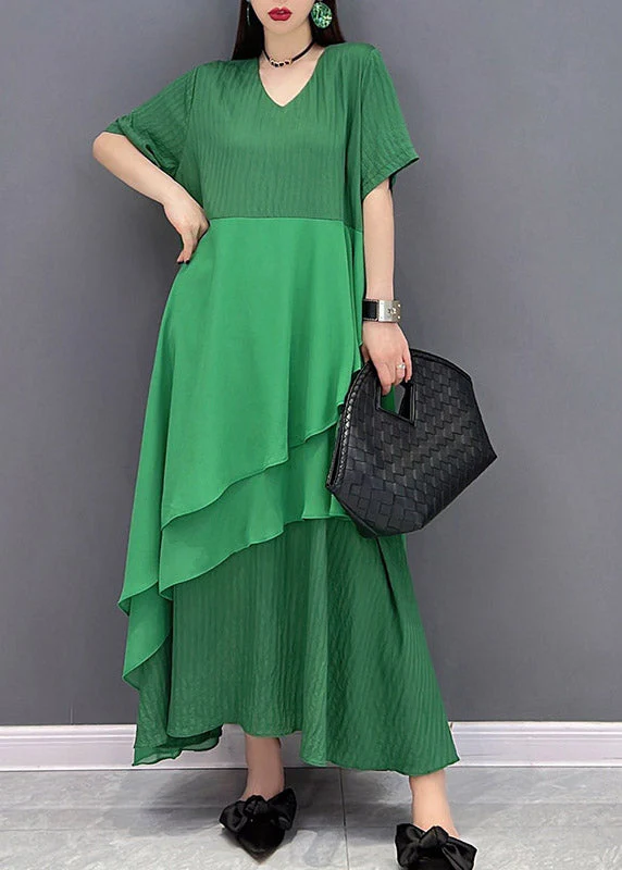 Modern Green V Neck Asymmetrical Patchwork Long Dress Short Sleeve - Image 3