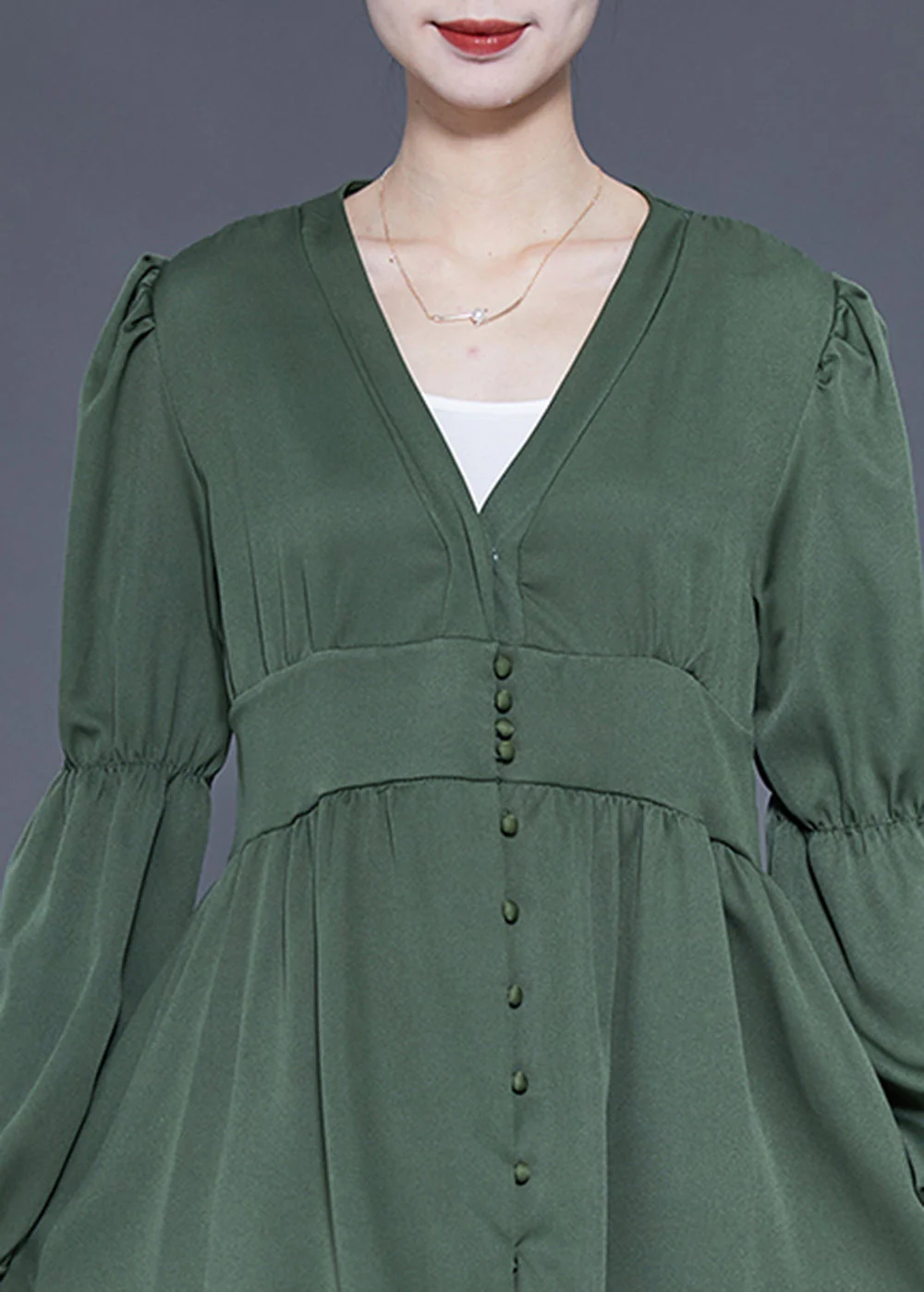 Modern Green V Neck Cinched Patchwork Button Silk Dress Spring - Image 4
