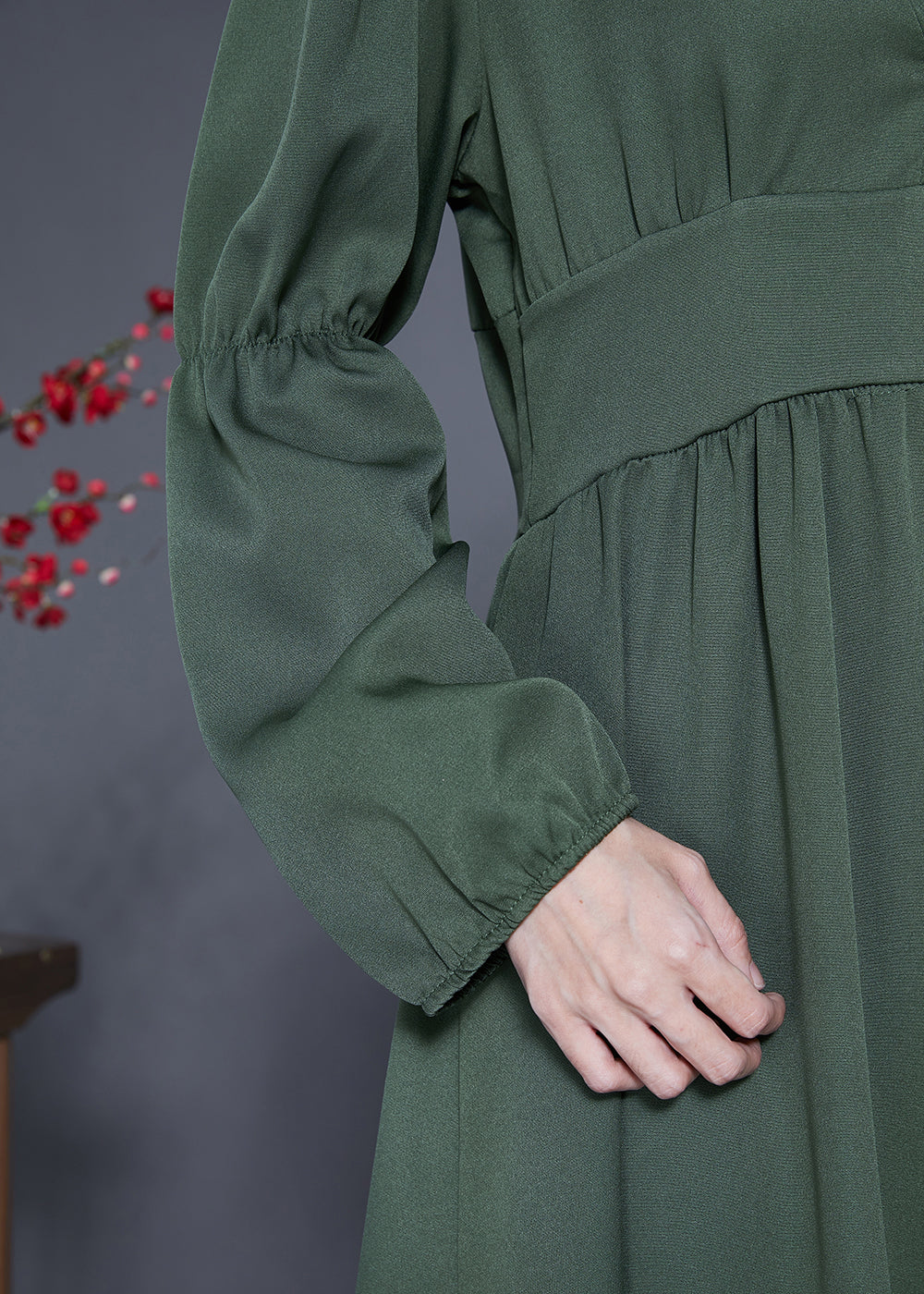 Modern Green V Neck Cinched Patchwork Button Silk Dress Spring - Image 5