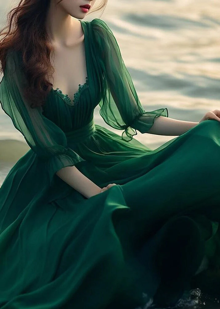 Modern Green V Neck Exra Large Hem Chiffon Maxi Dress Spring - Image 3
