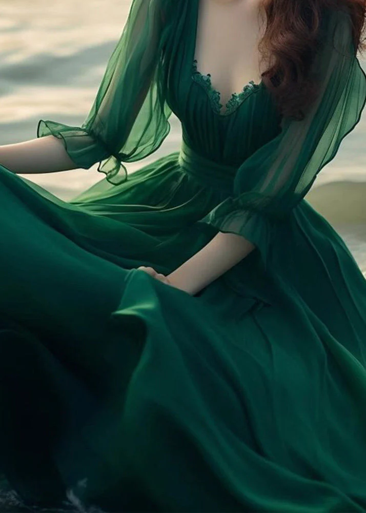 Modern Green V Neck Exra Large Hem Chiffon Maxi Dress Spring - Image 4