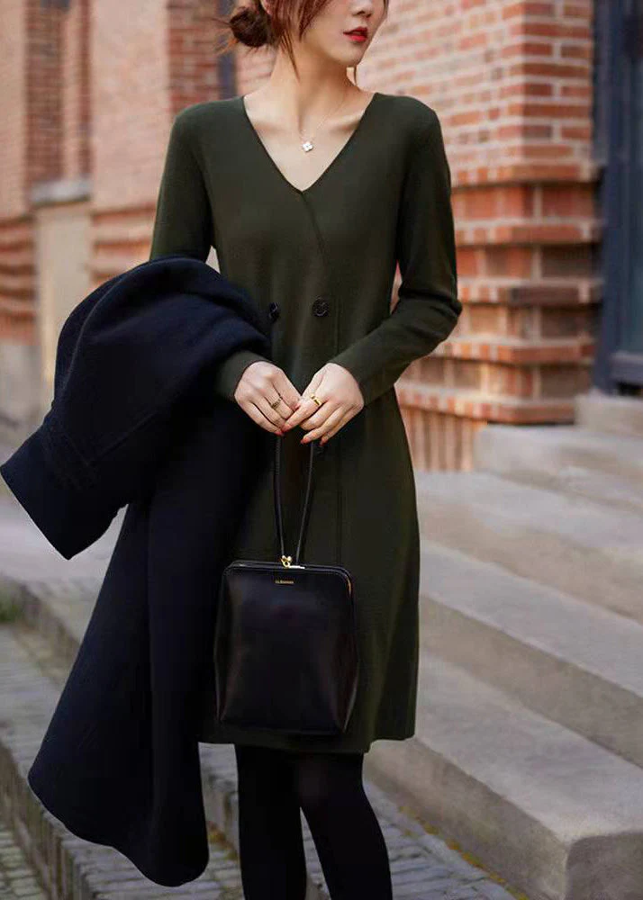 Modern Green V Neck Patchwork Button Knit Mid Dresses Long Sleeves - Image 2