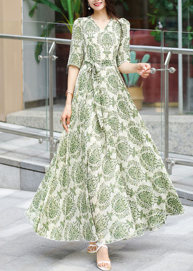 Modern Green V Neck Print Patchwork Tie Waist Chiffon Long Dress Summer - Image 2