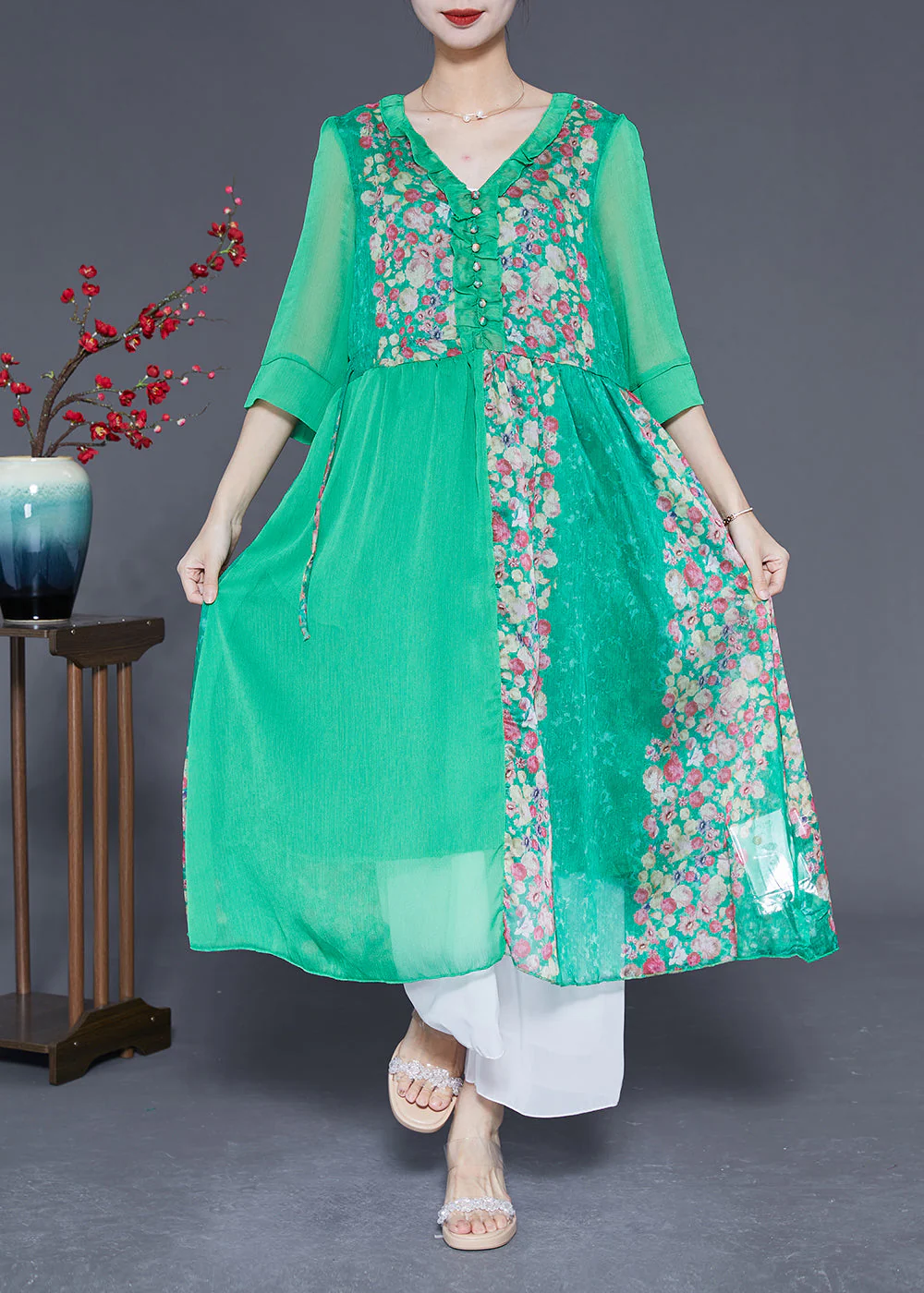 Modern Green V Neck Ruffled Patchwork Print Chiffon Dress Half Sleeve - Image 2