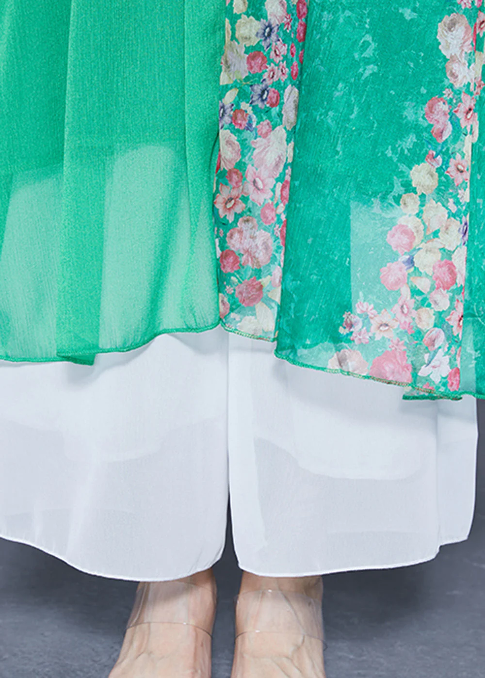 Modern Green V Neck Ruffled Patchwork Print Chiffon Dress Half Sleeve - Image 5