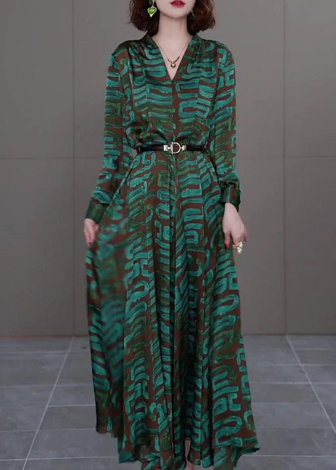 Modern Green V Neck Striped Print Sashes Satin Long Dress Long Sleeve - Image 3