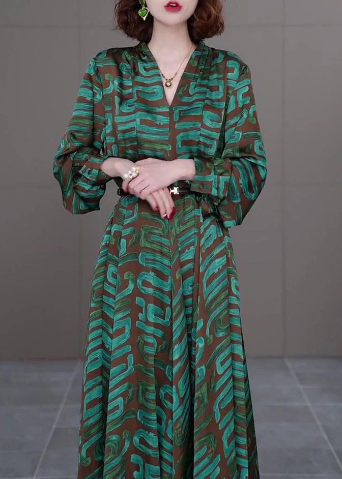 Modern Green V Neck Striped Print Sashes Satin Long Dress Long Sleeve - Image 4