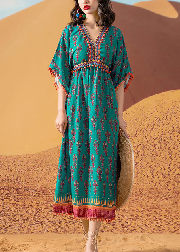 Modern Green V Neck Tasseled Print Patchwork Cotton Dresses Batwing Sleeve - Image 2