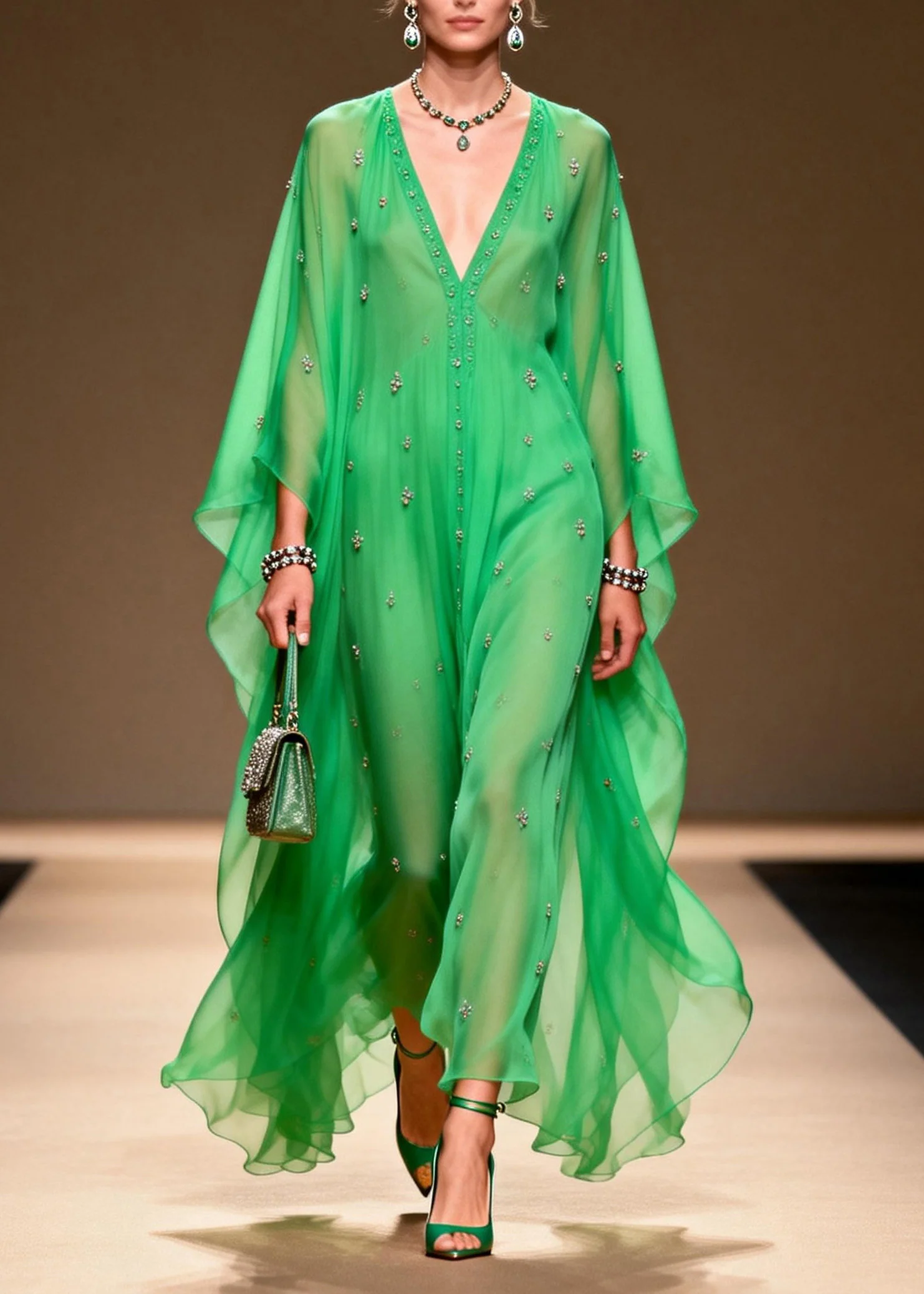 Modern Green V Neck Zircon Chiffon Long Dress Spring