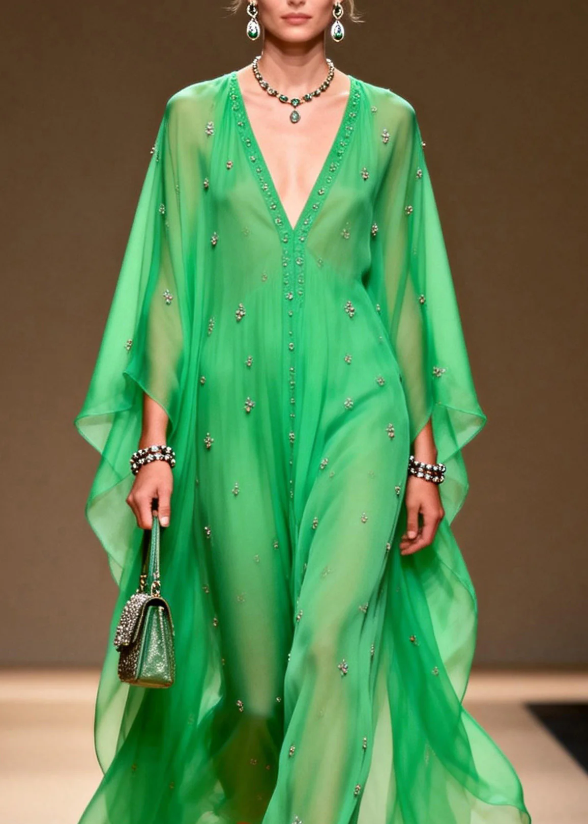 Modern Green V Neck Zircon Chiffon Long Dress Spring - Image 2