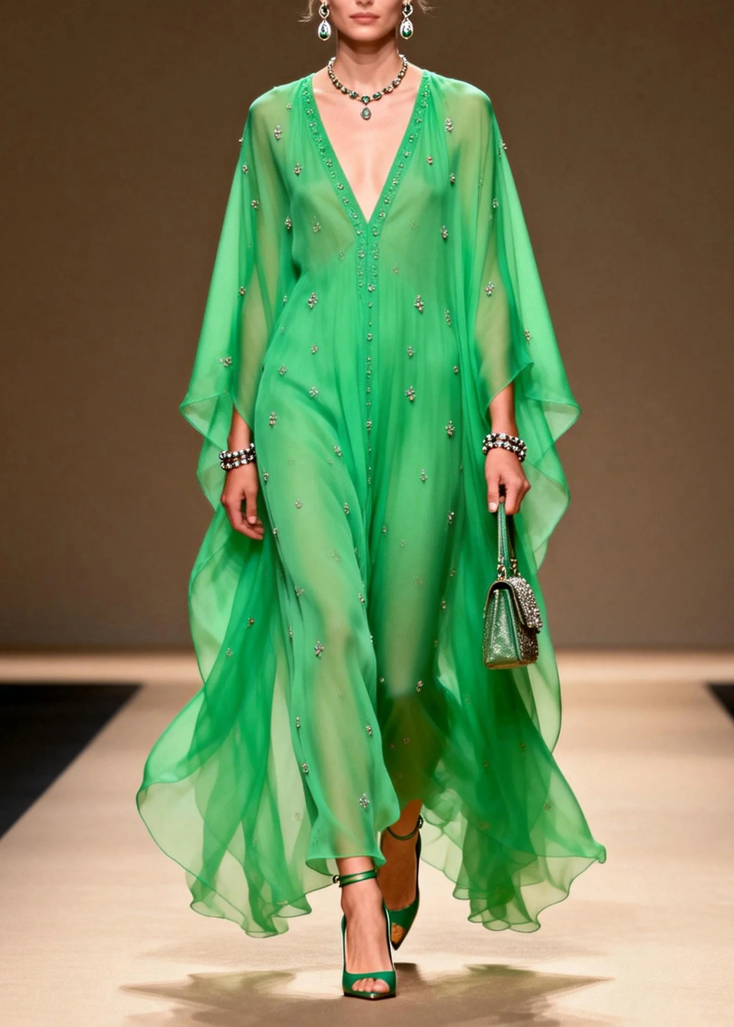 Modern Green V Neck Zircon Chiffon Long Dress Spring - Image 3