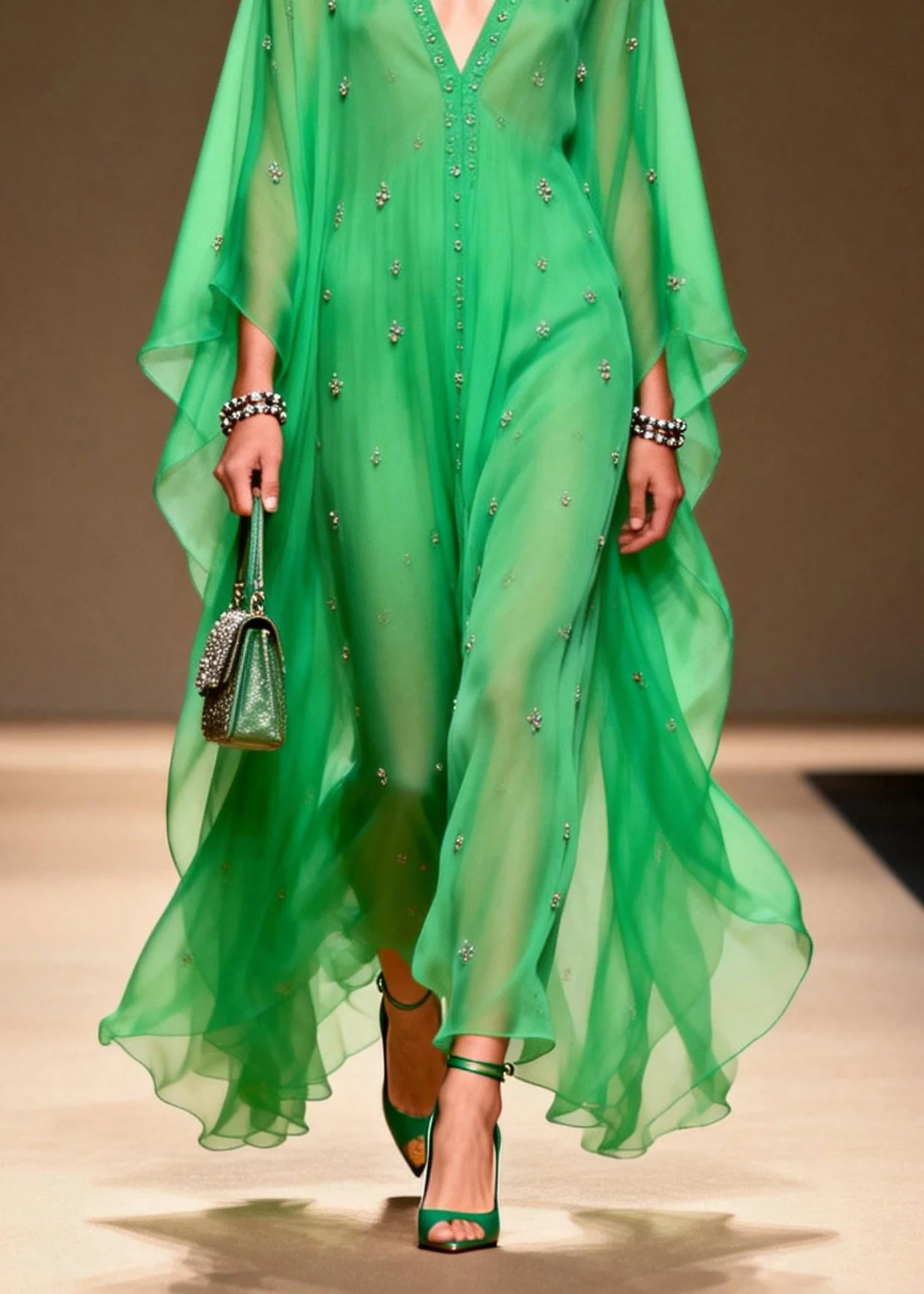 Modern Green V Neck Zircon Chiffon Long Dress Spring - Image 4