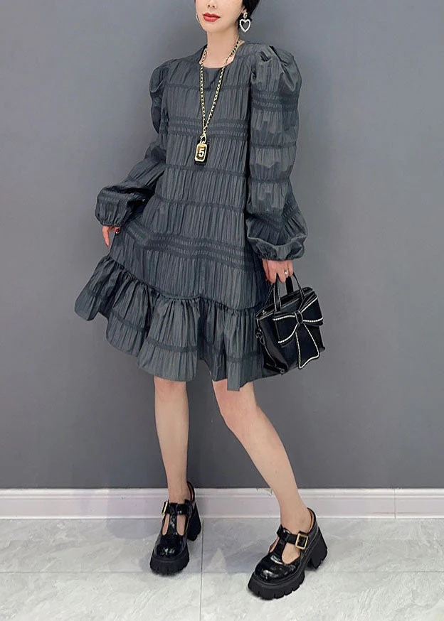 Modern Grey Patchwork Ruffles Cotton Mid Dress Puff Sleeve - Image 2