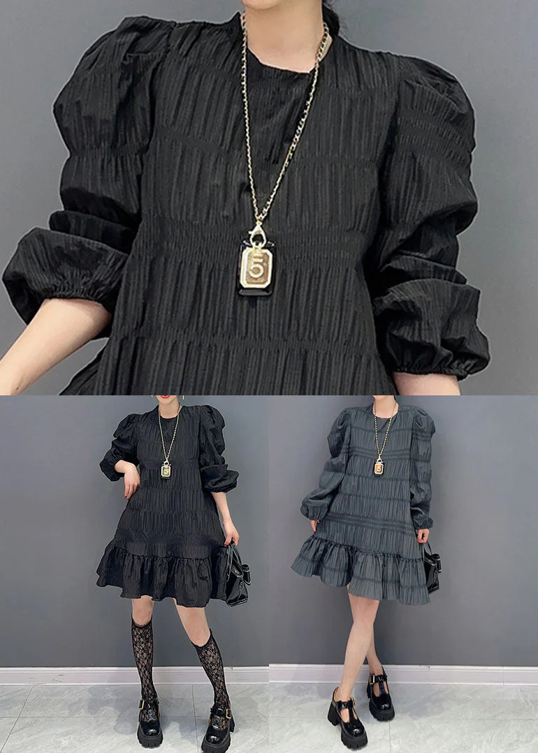 Modern Grey Patchwork Ruffles Cotton Mid Dress Puff Sleeve - Image 5