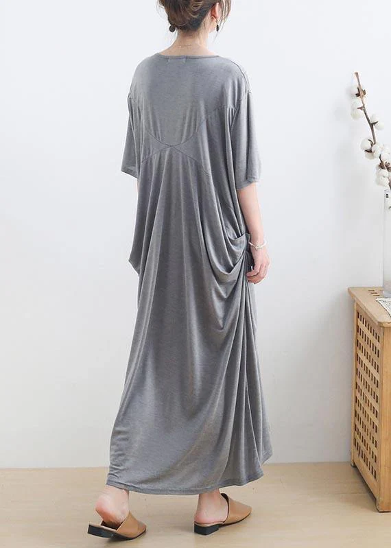 Modern Grey Short Sleeve Cotton Loose Summer Holiday Dress - Image 3