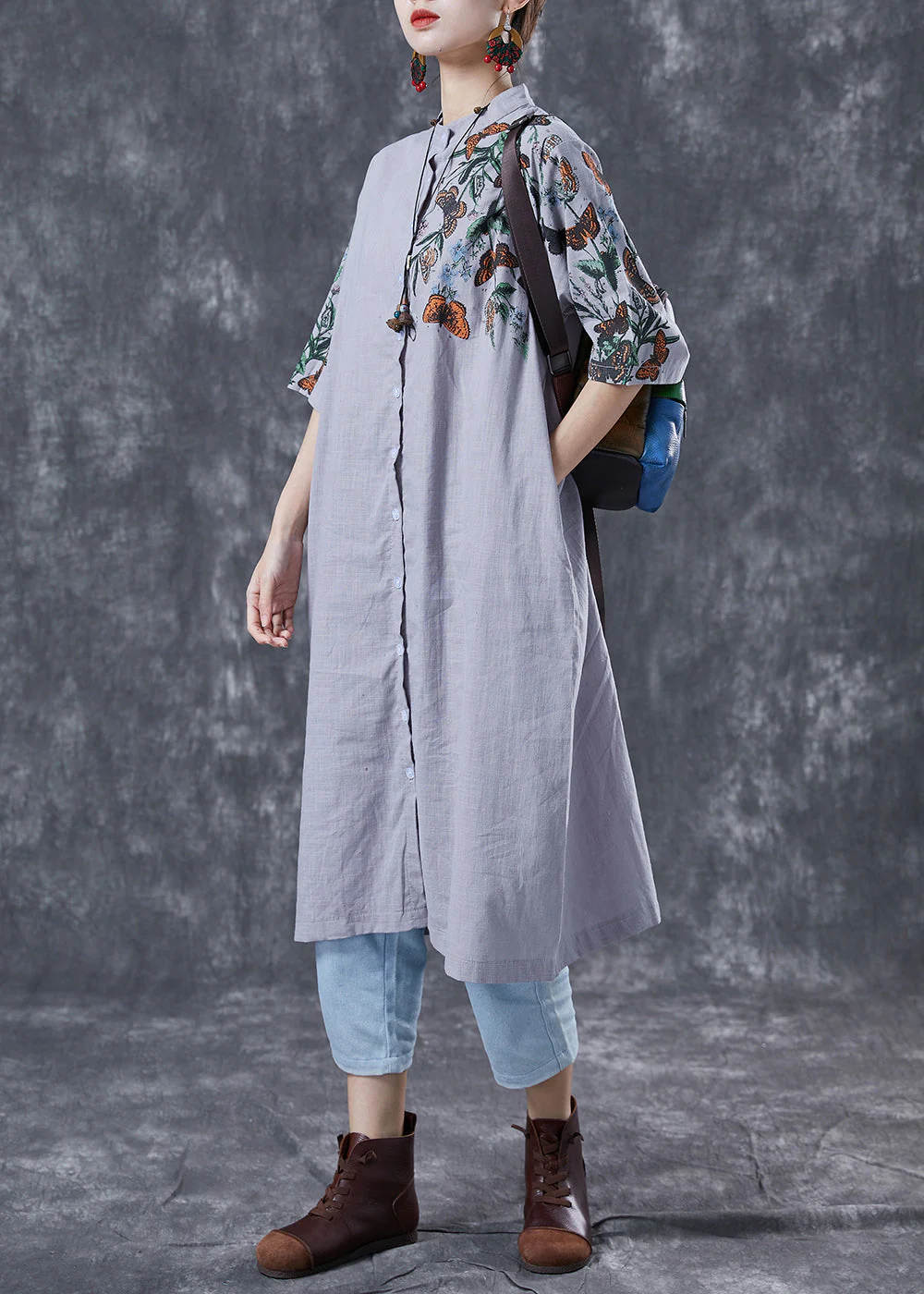 Modern Grey Stand Collar Print Linen Long Dress Summer - Image 2