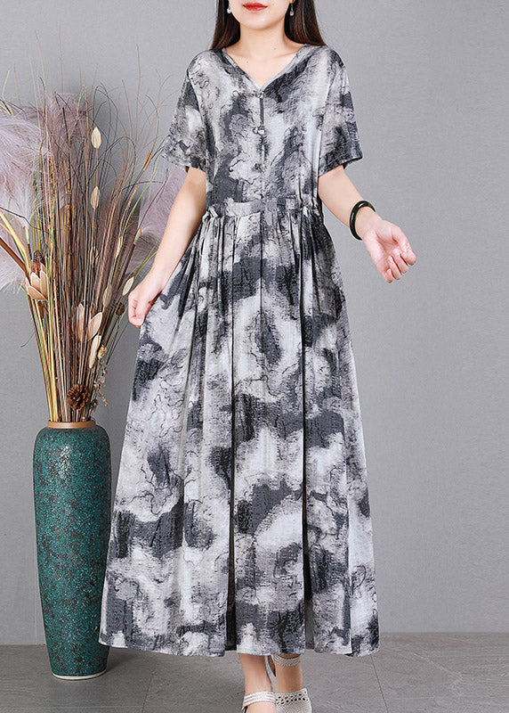 Modern Grey V Neck Print Button Linen Dress Short Sleeve - Image 2