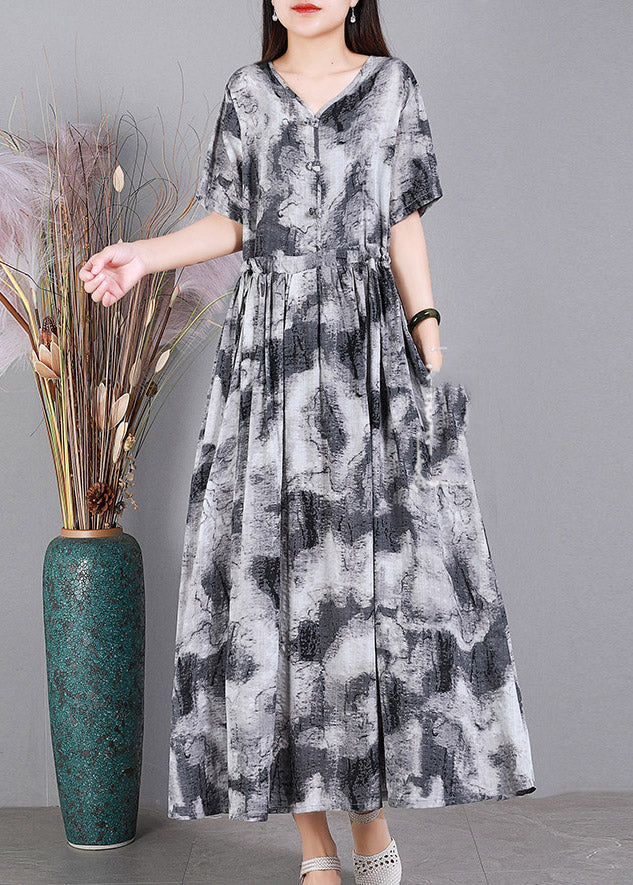 Modern Grey V Neck Print Button Linen Dress Short Sleeve - Image 3