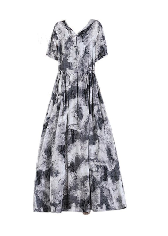 Modern Grey V Neck Print Button Linen Dress Short Sleeve - Image 5