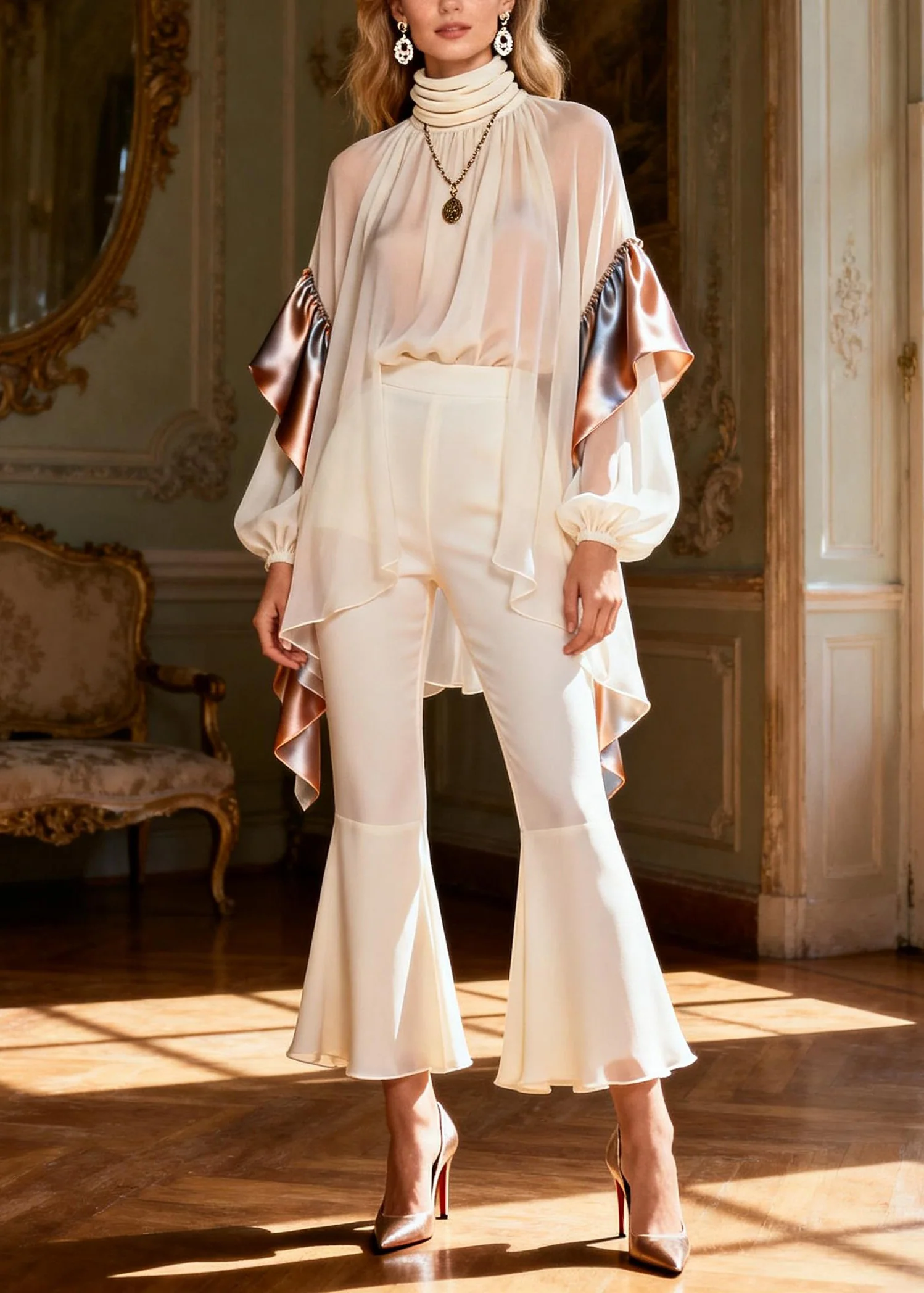 Modern High Neck Ruffled Patchwork Silk Two-Piece Set Spring - Image 5