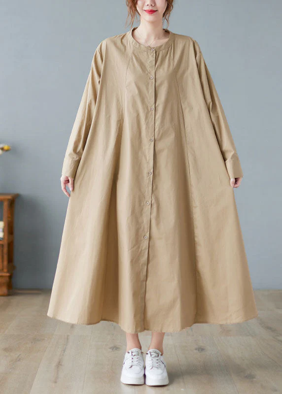 Modern Khaki Button Cotton Vacation Shirt Dresses Spring - Image 2