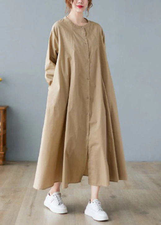 Modern Khaki Button Cotton Vacation Shirt Dresses Spring - Image 3