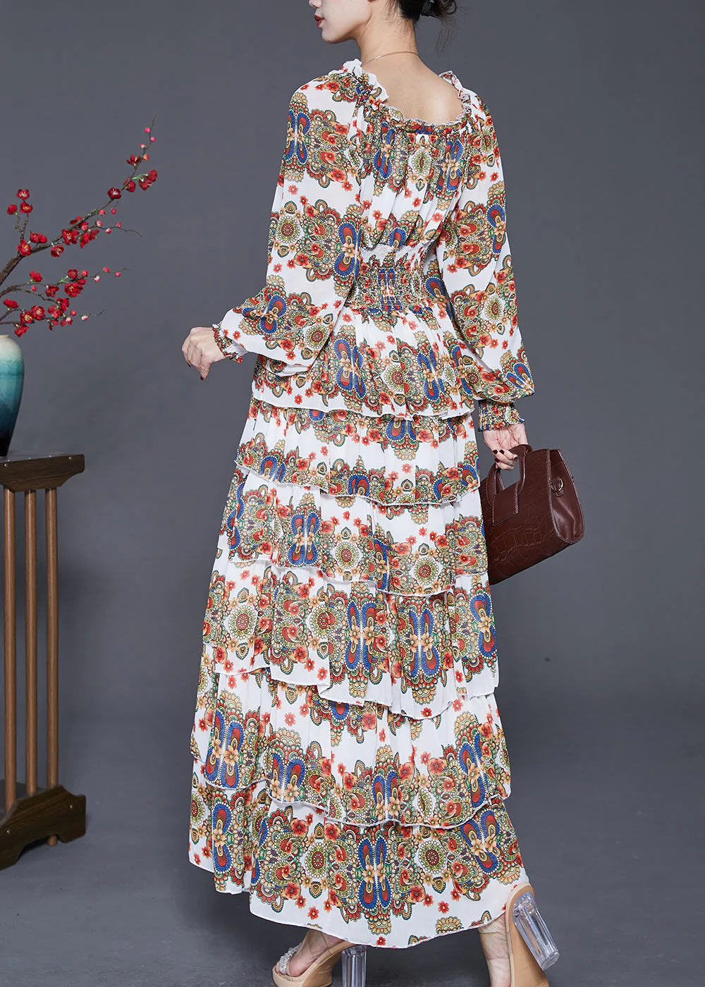 Modern Khaki Elastic Waist Layered Ruffles Chiffon Dresses Spring - Image 4