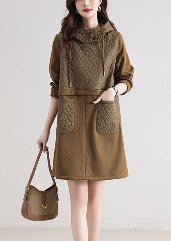 Modern Khaki Hooded Patchwork Pockets Cotton Loose Sweatshirt Dress Spring - Image 2
