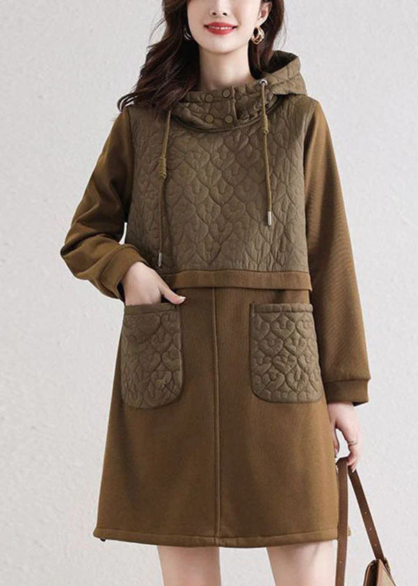 Modern Khaki Hooded Patchwork Pockets Cotton Loose Sweatshirt Dress Spring - Image 3